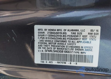 2016 Honda Odyssey Ex-L из США, поврежденный, VIN 5FNRL5H63GB106832